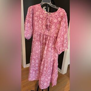 Dolma Pink Floral Midi block print dress